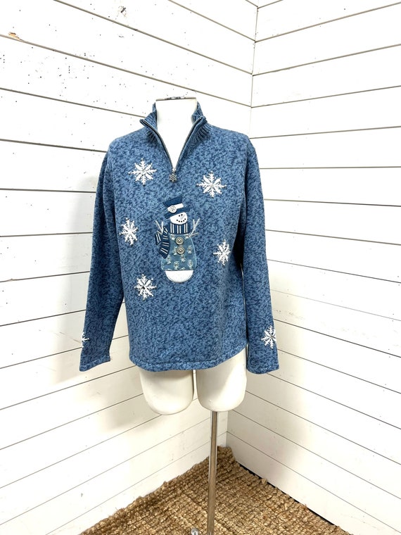 Vintage Christmas sweater ugly holiday snowman bl… - image 1