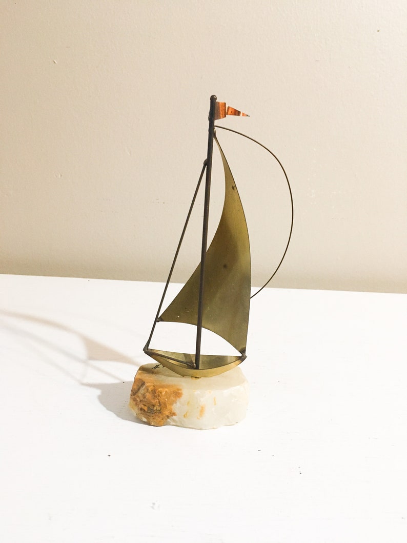 Vintage brass sailboat sculpture art de Mott signed stone Etsy