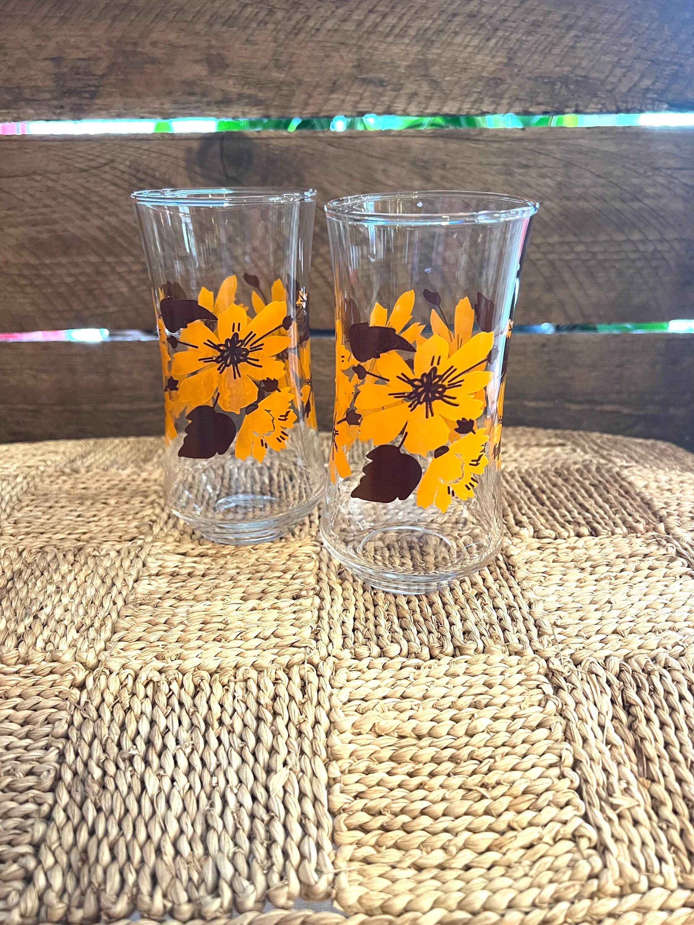 Retro 1960s Drinking Glasses Orange Hawaiian Flowers Boho Mid Century  Kitschy