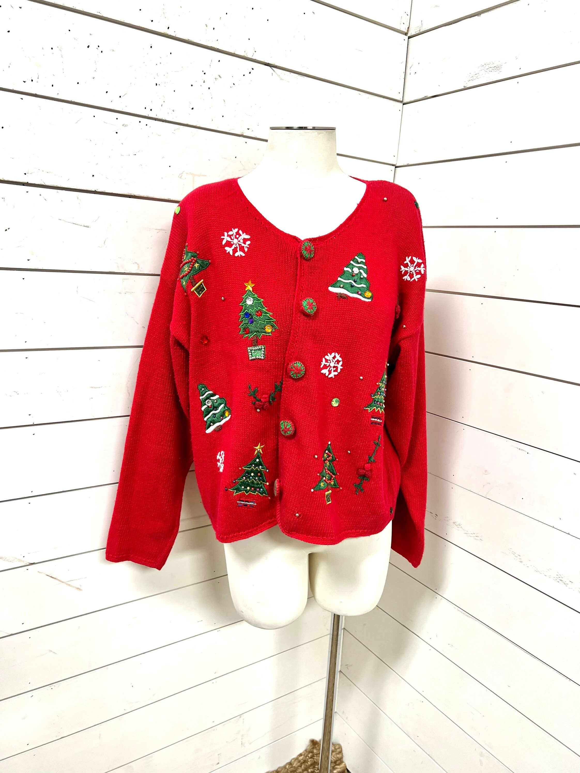 Vintage Christmas Sweater Cardigan Red Ugly Holiday - Etsy