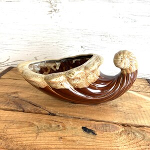 May include: A brown and white ceramic planter shaped like a curled horn. The planter has a glazed finish and a speckled pattern.