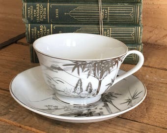 Vintage tea cup saucer teacup demitasse silver retro kutani gift holiday wedding oriental dining