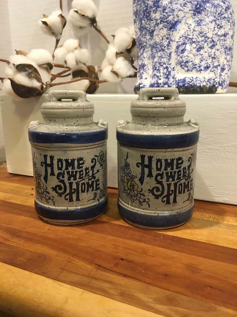 Vintage salt pepper shaker Japan home sweet home decor blue grey farmhouse country gift holiday retro wedding
