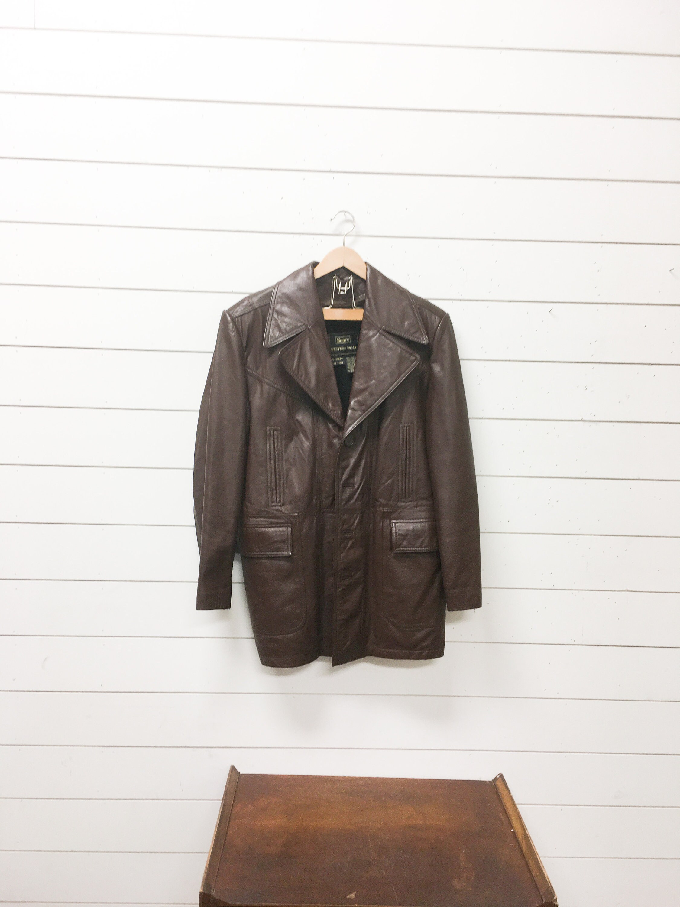 Vintage Mens Coat Leather Lined Sears Western Wear Korea Retro