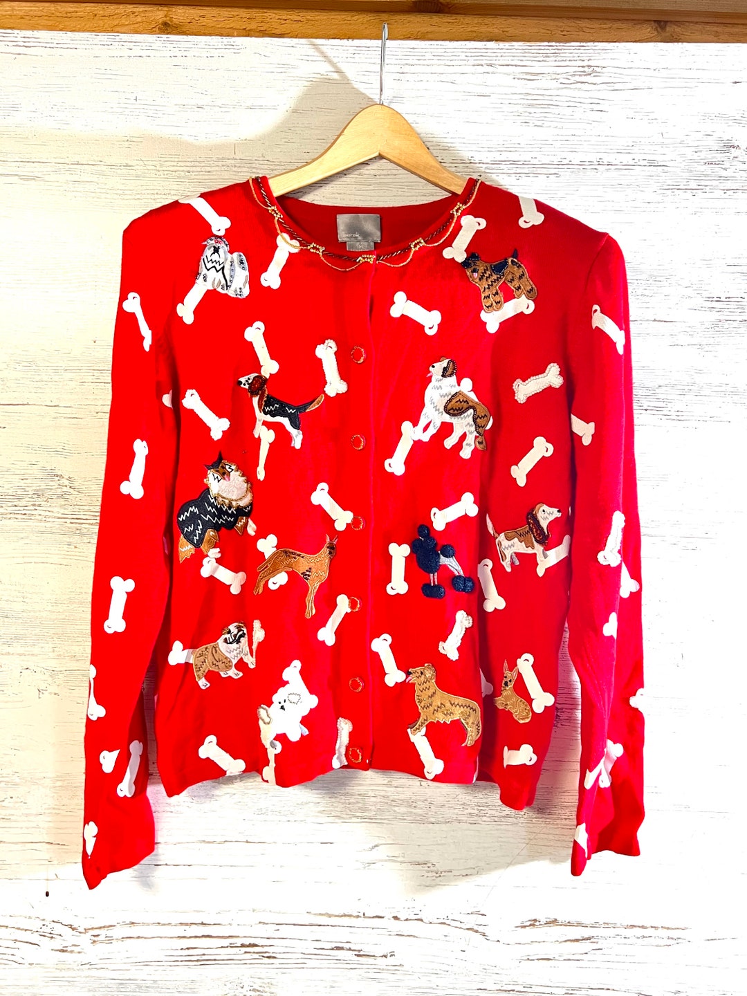 Vintage Dog Sweater Berek Cardigan Medium Red Etsy