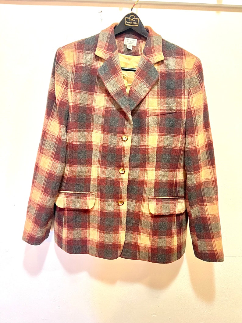 Vintage L.L. Bean blazer wool cashmere 14R plaid tan gray wine image 2