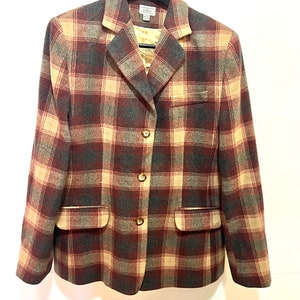 Vintage L.L. Bean blazer wool cashmere 14R plaid tan gray wine image 1