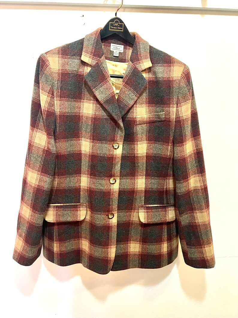 Vintage L.L. Bean blazer wool cashmere 14R plaid tan gray wine image 1