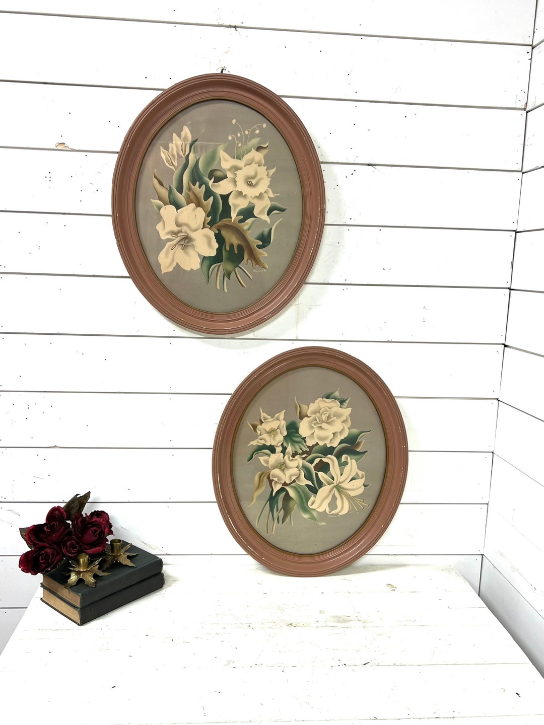 Vintage Framed Flower Pictures Oval Pink Wood Cottage Core Wall Decor