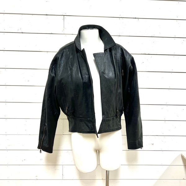 Vintage black leather jacket protech size 10 cropped biker rocker nightclub