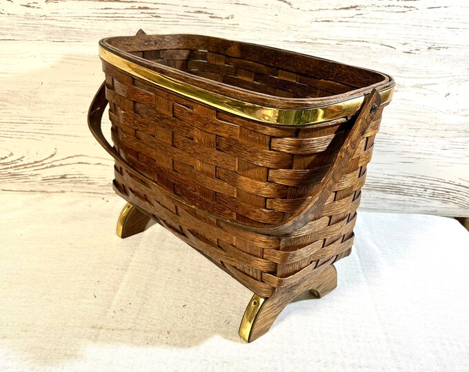 Vintage Footed Wood Woven Basket Magazine Holder Storage Decor Etsy