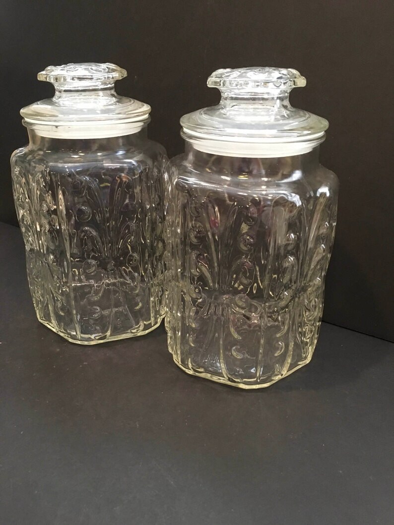 Vintage Glass Canister 2 Imperial Atterbury Scrolls Flour De Lia Design Decor Wedding Storage Clear Bathroom Vanity Cottage