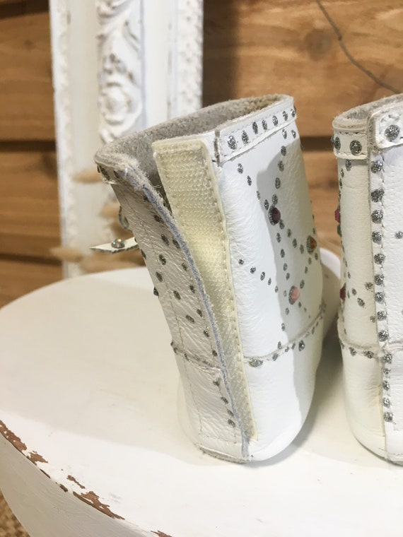 Vintage baby shoes boots leather white rhinestones - image 3