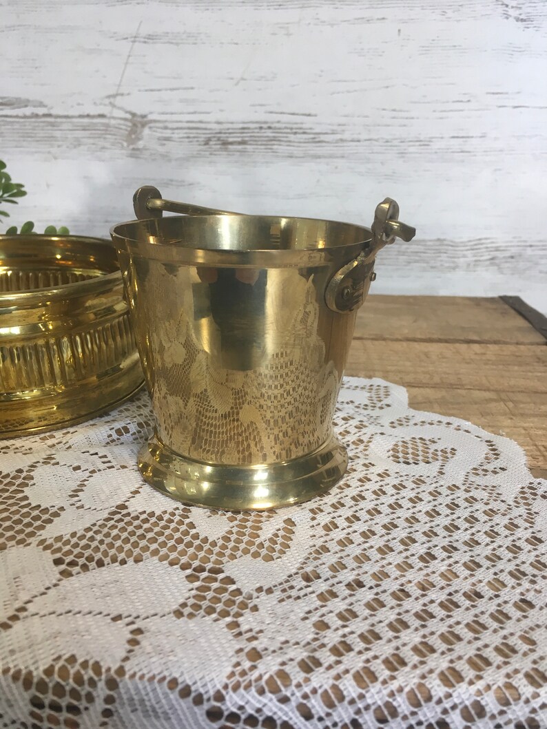 Vintage brass pail small bucket dish container midcentury decor Hollywood regency repurpose bucket mini retro planter