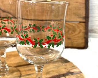 Vintage stemware glasses holly holiday replacement Christmas decor gift