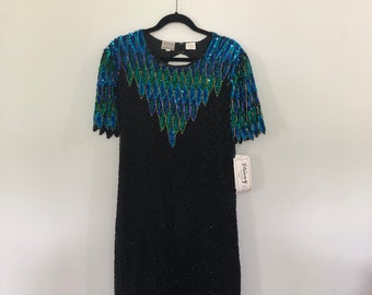 Vintage Sequin Dresss Stenay with original TAGS Blue Green and Black Short Sleeve Form Fitting Open Back Glam Silk 12