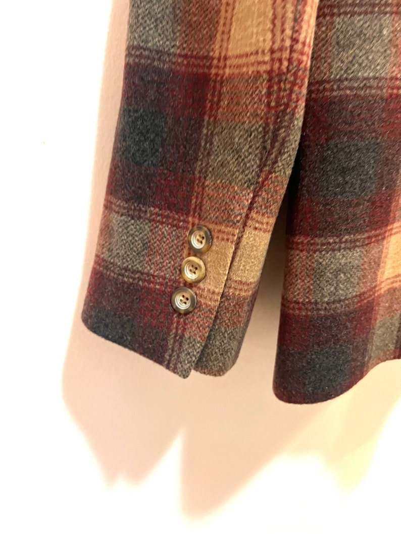 Vintage L.L. Bean blazer wool cashmere 14R plaid tan gray wine image 6