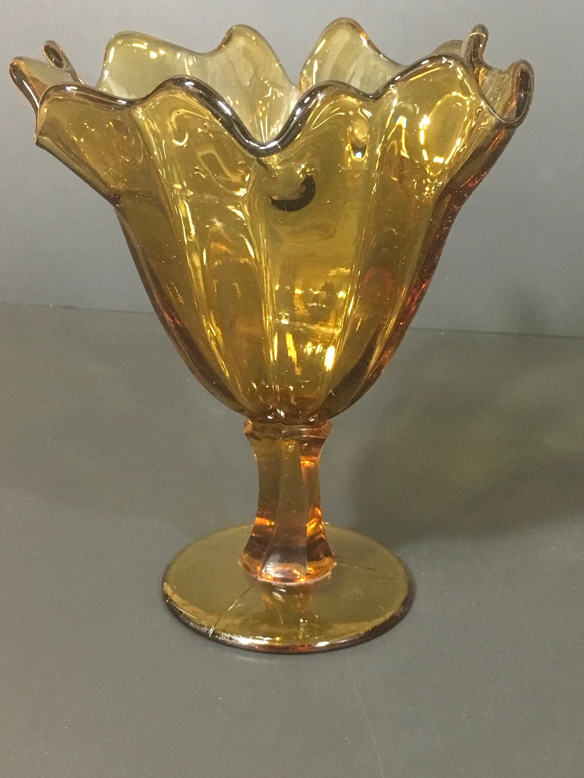 Vintage Amber Glass Vase Pedestal Decor Retro Mid Century Dish Etsy