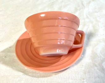 Vintage cup saucer pink hazel atlas moderntone platonite ribbed replacement