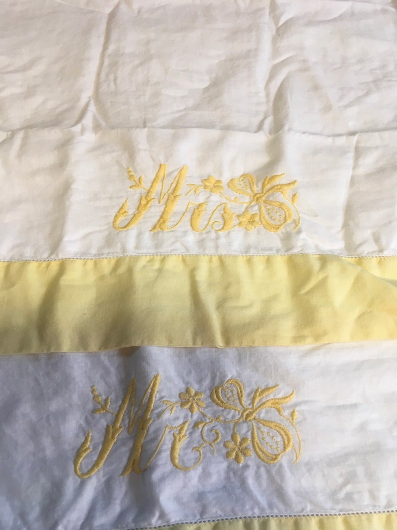 Vintage pillow cases pillowcases Mr Mrs yellow embroidery decor farmhouse bedding lines bedding fabric craft
