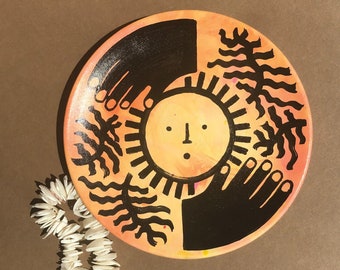 Tribal, African, Aztec, sun, face, hands, leaves, marble effect, tie dye, ceramic, trinket dish, decorative plate