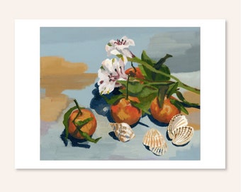 Tangerines & Shells, A4 still life art print, flowers