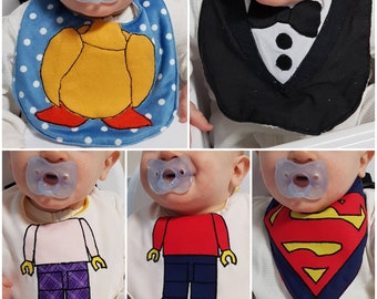 Novelty Bibs for boys, girls, unisex - super hero, tuxedo, duck, toy