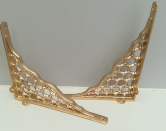 Honeycomb Gold  Pair of Large 10 inch 25cm  Cast Iron Shelf Brackets Gold Metal Effect Colour