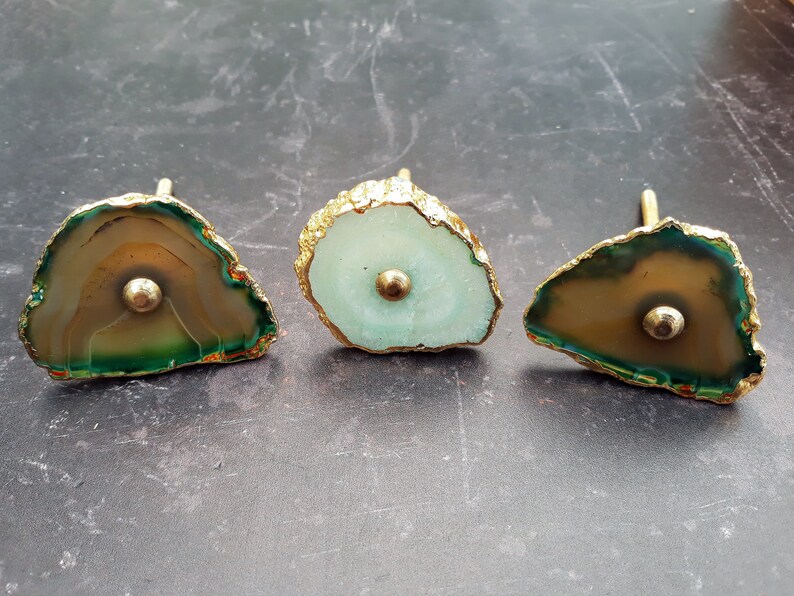 Agate Stone Green And Gold Brass Drawer Knobs Agate Cupboard Etsy