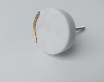 Solid Marble and Brass Cupboard Door Handle, Circular White Marble and Gold Brass Drawer Pull
