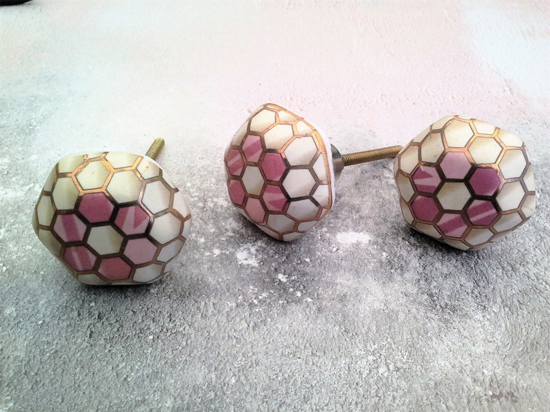 Hexagon Shaped Geometric Gold And Pink Drawer Knob Drawer Pull Etsy