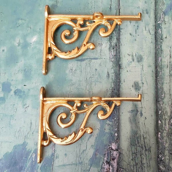 Pair of Victorian Scroll Gold Finish Cast Iron Shelf Bracket Vintage Rustic Style, Antique Style  Shabby