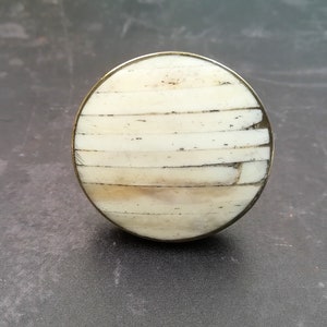 May include: A circular cabinet knob with a brass-coloured rim. The face of the knob features cream-coloured horizontal segments with dark brown and black accents. This decorative hardware is suitable for drawers and cabinets.