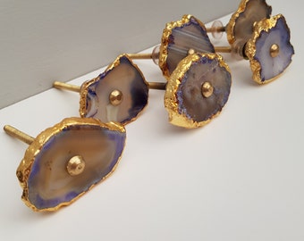 Agate Stone  Purple and  Gold Brass Drawer Knobs, Agate Cupboard Knob, Agate Drawer Handle, Stone Drawer Knob, Geode Drawer Pulls