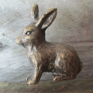 May include: A bronze-coloured rabbit figurine with a detailed, textured surface. The rabbit is sitting with its ears upright and its head turned to the side.