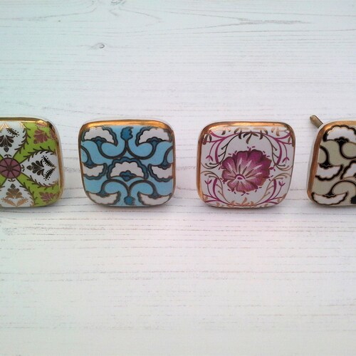 Square Ceramic Art Deco  Geometric Drawer Knobs, flowers in Pink Blue Green and Black with Gold Drawer Pull, Door Knob, Cupboard Knob