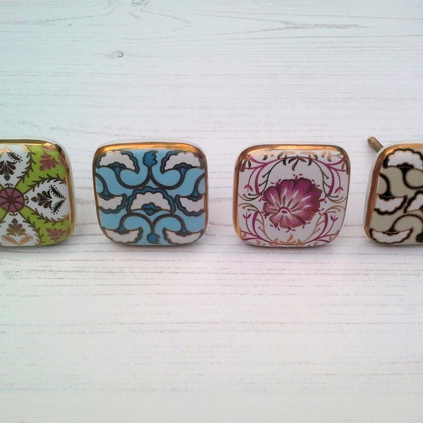 Square Ceramic Art Deco  Geometric Drawer Knobs, flowers in Pink Blue Green and Black with Gold Drawer Pull, Door Knob, Cupboard Knob