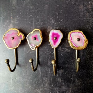 Pink Agate Coat Hook, Agate Stone Wall Hook, Geode Wall Hook