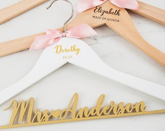 Bride & Bridesmaid Hangers Set, Bridal Dress Hanger, Wooden Engraved Hanger, Wedding Name Hangers, Wedding Hanger, Personalized Hanger