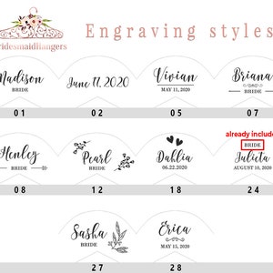 May include: A chart showing different engraving styles for bridesmaid hangers. The chart shows 10 different styles with names like Madison, Vivian, Briana, Henley, Pearl, Dahlia, Julieta, Sasha, and Erica. Each style has a number next to it, starting with 01 and ending with 28.