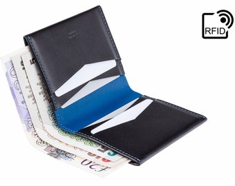 Slim Bifold RFID Blocking Wallet For Men - Carry Cards and Cash in Black & Blue Genuine Leather Handmade Wallet | Hiro by A-SLIM