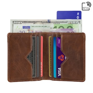 Billetera delgada de cuero para hombre / Billetera plegable con tecnología Tap'n'Go - 7 ranuras para tarjetas / Tarjetas de almacenamiento y efectivo (RFID) / Chikara (Havanna Tan)