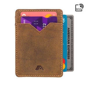 Cartera de tarjeta de cuero RFID personalizada - Cartera de titular de tarjeta vertical vertical - Cartera de tarjeta de crédito de cuero pequeño de color bronceado crudo - Regalos personalizados