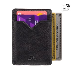 Tarjetero de piel negra para hombre, Funda para tarjetas de crédito, Cartera minimalista para tarjetas de crédito [Bloqueo de RFID], Negro carbón [Capacidad: 7 tarjetas]