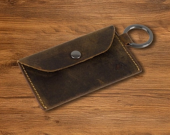 Leather Keychain Card Holder: Minimalist Keyring Coin Pouch