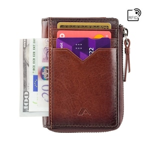 Tarjetero fino de piel con cremallera en color tostado bruñido, Bloqueo de RFID, Cartera pequeña para tarjetas, Capacidad para más de 10 tarjetas, Elegante cartera para tarjetas, monedas y efectivo