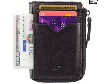 Cartera de cuero negro con cremallera RFID para hombre: tarjetero y monedero