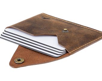 Business Card Holder - A-SLIM - Raw Tan - Distressed Leather - Tsuki - Card Case - Minimalist Wallet - Button Wallet - Front Pocket Wallet