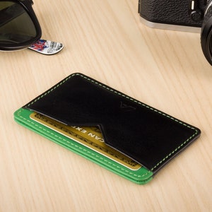 Porte-cartes avec 2 emplacements pour cartes et poche centrale - Noir et vert - A-SLIM - Nano Yaiba - Porte-cartes en cuir - Portefeuille minimaliste
