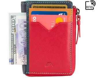 Cartera pequeña para mujer / Tarjetero de cuero para mujer / Monedero - Mini monedero para tarjetas, monedas y efectivo con cremallera de 2 caras - Iro [Bloqueo RFID]